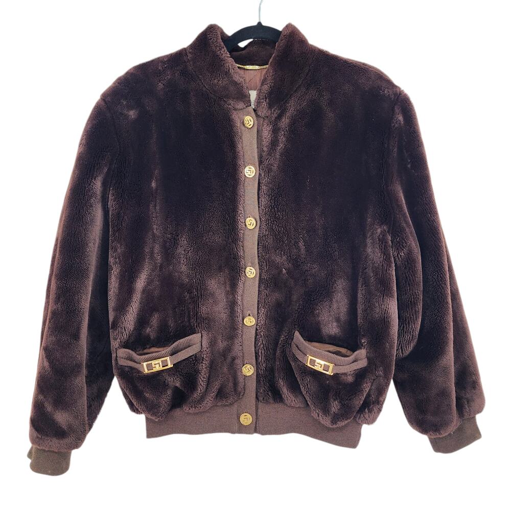 Vintage St. John Marie Gray Faux Fur Leather Brown Bomber Jacket Size Large